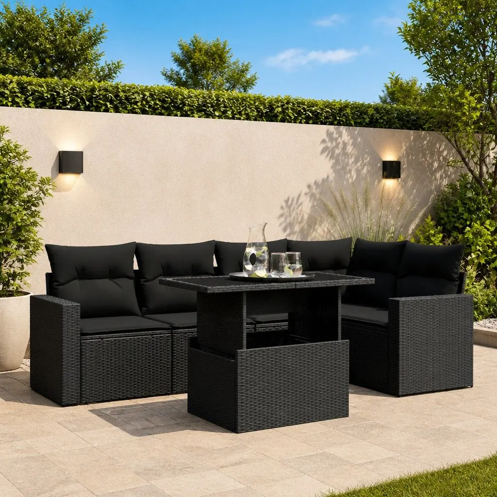 Garden Sofa Set 6 Piece Outdoor Furniture Black Poly Rattan Modular Patio Lounge