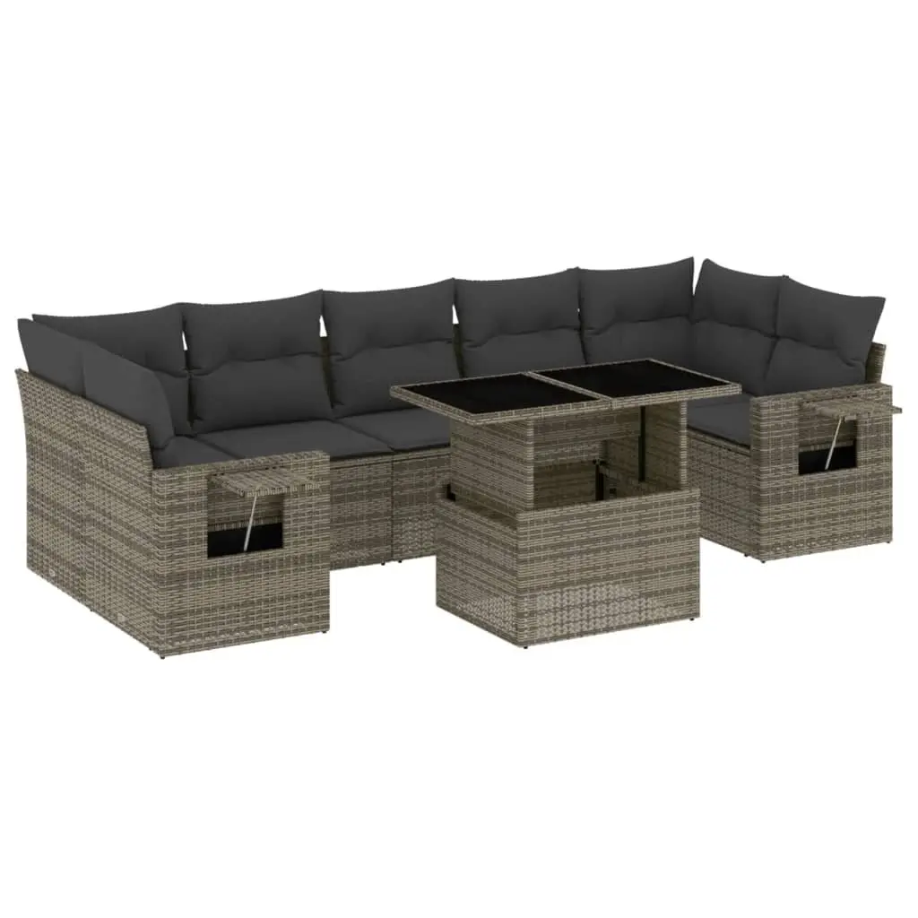 Garden Sofa Set 8 Piece Grey PE Rattan Outdoor Furniture with Adjustable Table and Cushioned Seating