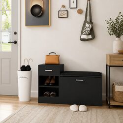 Shoe Bench Storage Organiser Black Engineered Wood Seating Cabinet Hallway