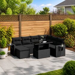 Garden Sofa Set 9 Piece Outdoor Furniture Black Poly Rattan Patio with Cushions