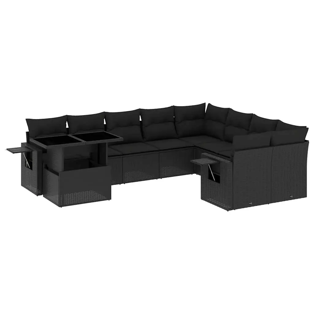 Garden Sofa Set 10 Piece Modular Outdoor Furniture Black PE Rattan with Adjustable Tabletop and Padded Cushions