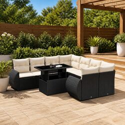 Garden Sofa Set 9 Piece Outdoor Furniture Patio with Cushions Black Poly Rattan