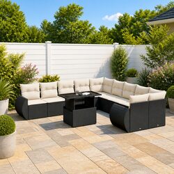 11 Piece Garden Sofa Set Black Poly Rattan Outdoor Furniture Patio Cushions
