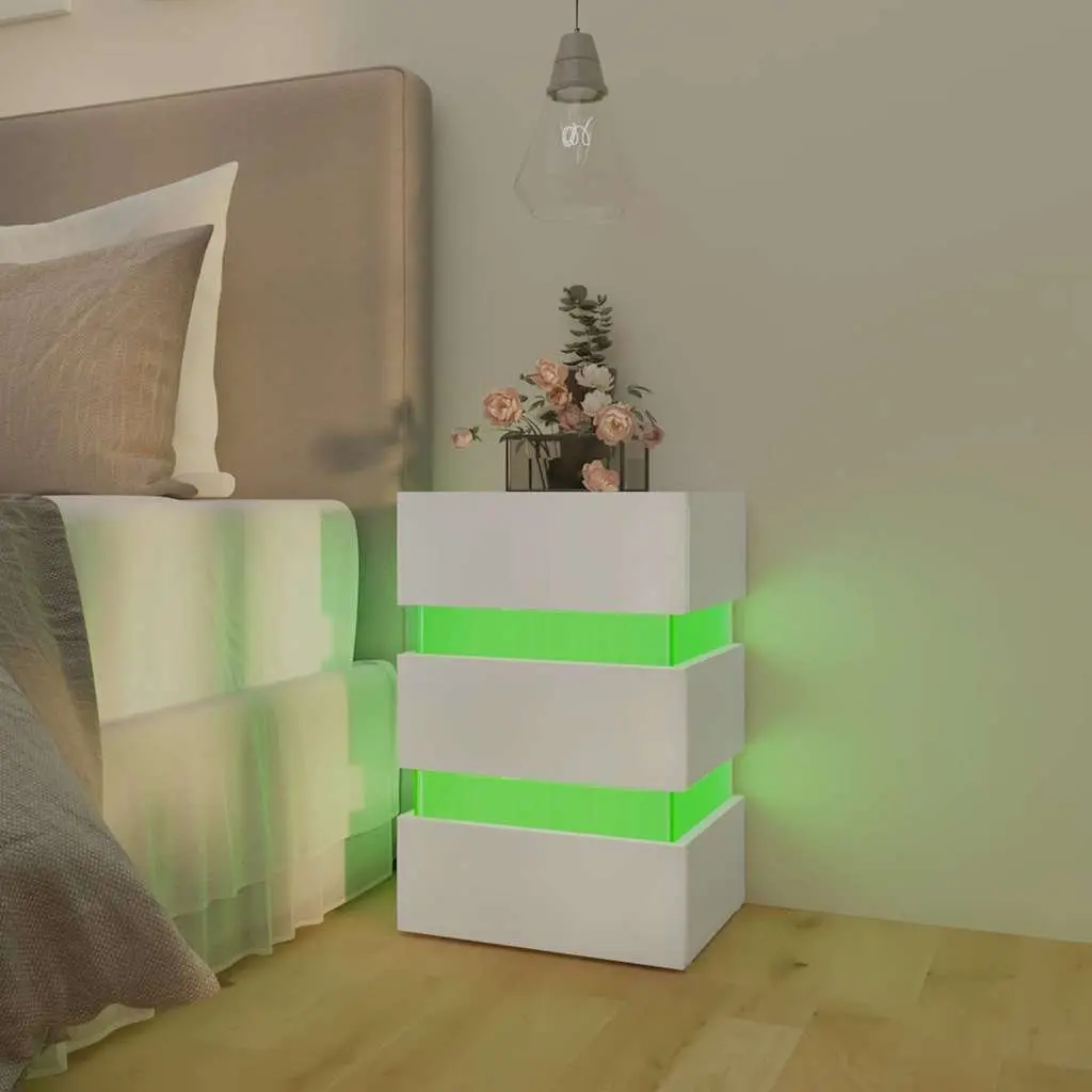 LED Bedside Cabinet White Engineered Wood Nightstand with Integrated LED Light