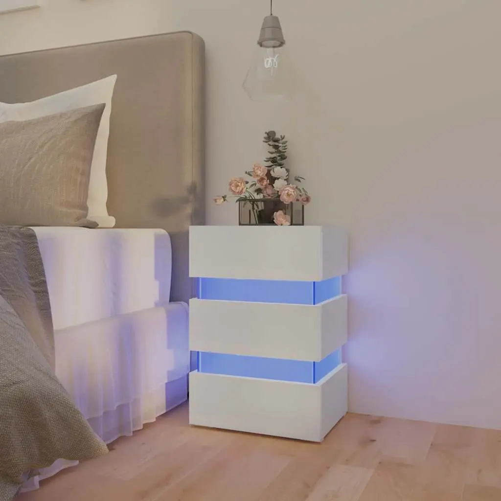 LED Bedside Cabinet White Engineered Wood Nightstand with Integrated LED Light