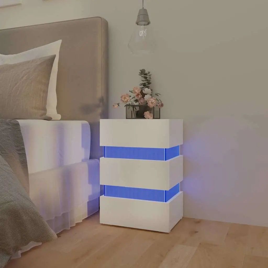 LED Bedside Cabinet White High Gloss Engineered Wood Nightstand with Storage and LED Light