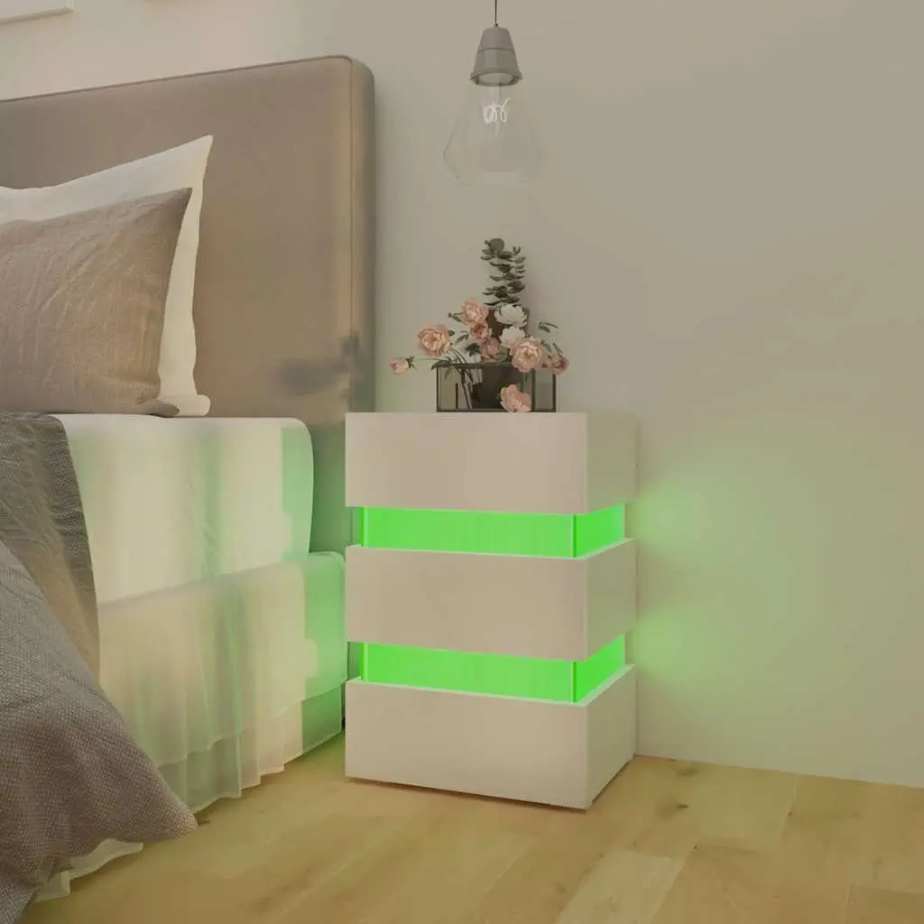 LED Bedside Cabinet White High Gloss Engineered Wood Nightstand with Storage and LED Light