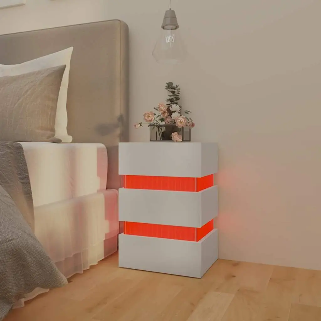 LED Bedside Cabinet White High Gloss Engineered Wood Nightstand with Storage and LED Light