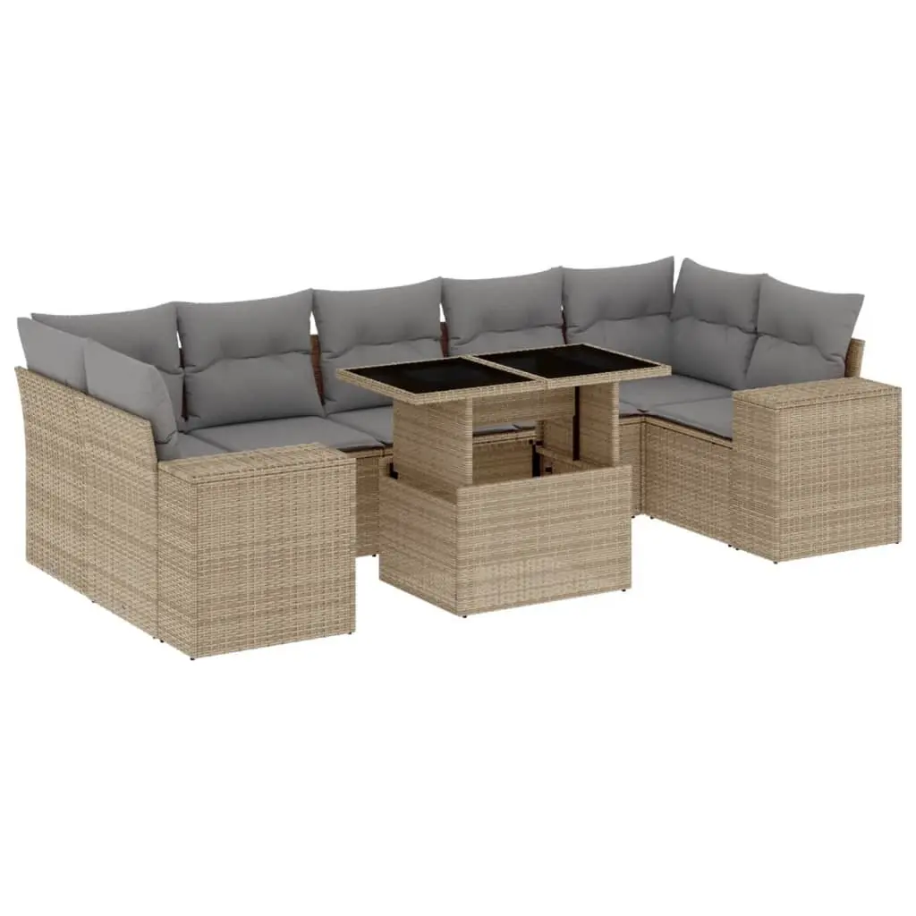 8 Piece Garden Sofa Set Beige PE Rattan Outdoor Furniture with Adjustable Tabletop and Removable Cushion Covers