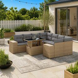 Outdoor Garden Sofa Set 9 Piece Beige Poly Rattan Furniture with Cushions Patio
