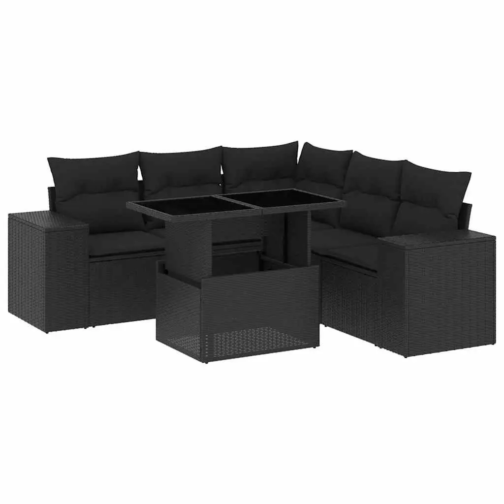 6 Piece Garden Sofa Set Outdoor Furniture Black Poly Rattan Patio Lounge with Thick Cushions and Adjustable Tabletop