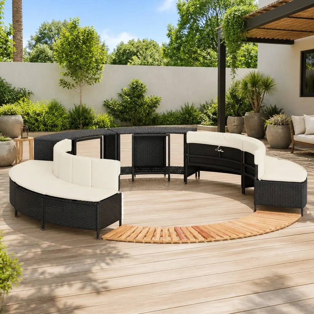 Hot Tub Surround with Storage Bench Seat Black Poly Rattan Acacia Wood Step