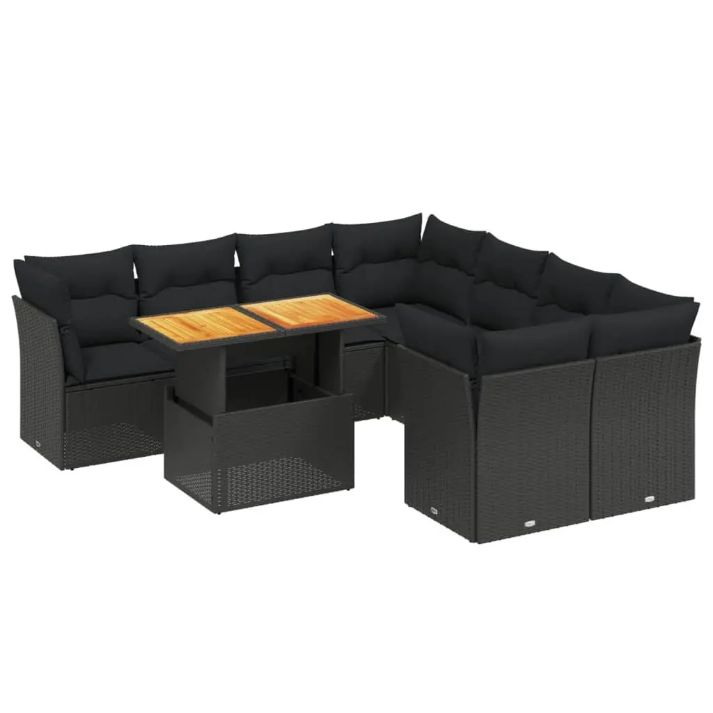 9 Piece Garden Sofa Set Outdoor Patio Furniture Black Poly Rattan with Cushions