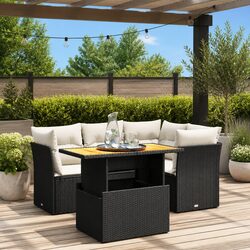5 Piece Outdoor Garden Sofa Set Black Poly Rattan Patio Furniture with Cushions