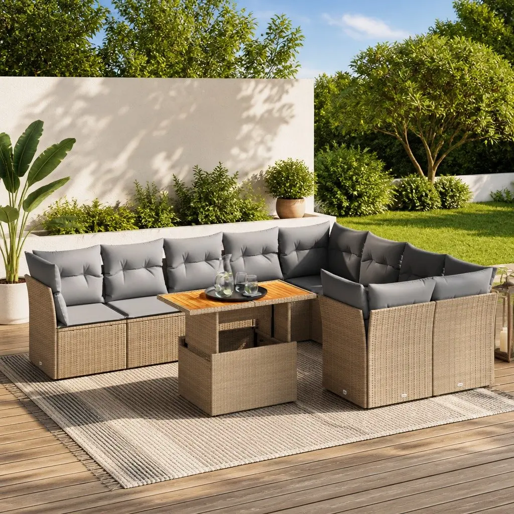 Garden Sofa Set 10 Piece Outdoor Furniture Beige Poly Rattan Cushions Patio