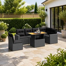 7 Piece Outdoor Garden Sofa Set with Cushions Black PE Rattan Patio Furniture