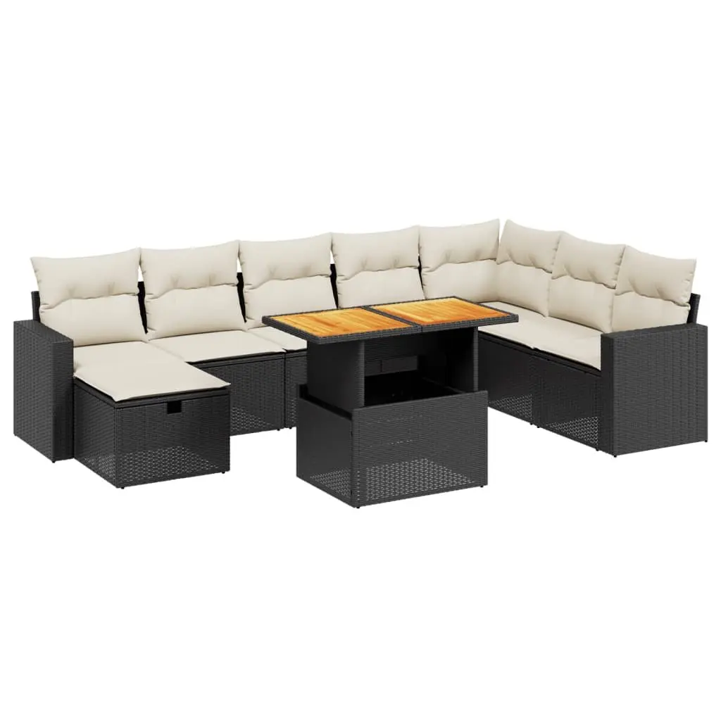 9 Piece Garden Sofa Set Black Poly Rattan Modular Outdoor Furniture with Adjustable Table and Cushions