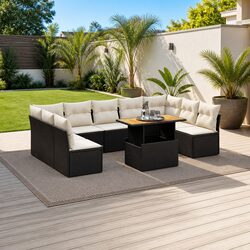 Garden Sofa Set 10 Piece Outdoor Furniture Patio Lounge Black Rattan Cushions