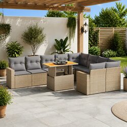 10 Piece Outdoor Garden Sofa Set with Cushions Beige Poly Rattan Patio Furniture