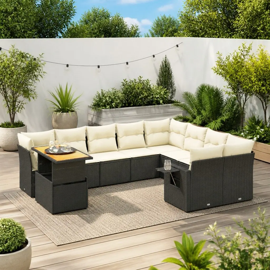 Garden Sofa Set 10 Piece Outdoor Furniture Black Poly Rattan Patio Seating