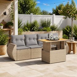 5 Piece Garden Sofa Set Adjustable Dining Table Beige Poly Rattan Outdoor