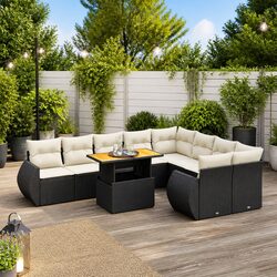 10 Piece Garden Sofa Set Outdoor Patio Furniture Black Poly Rattan with Cushions