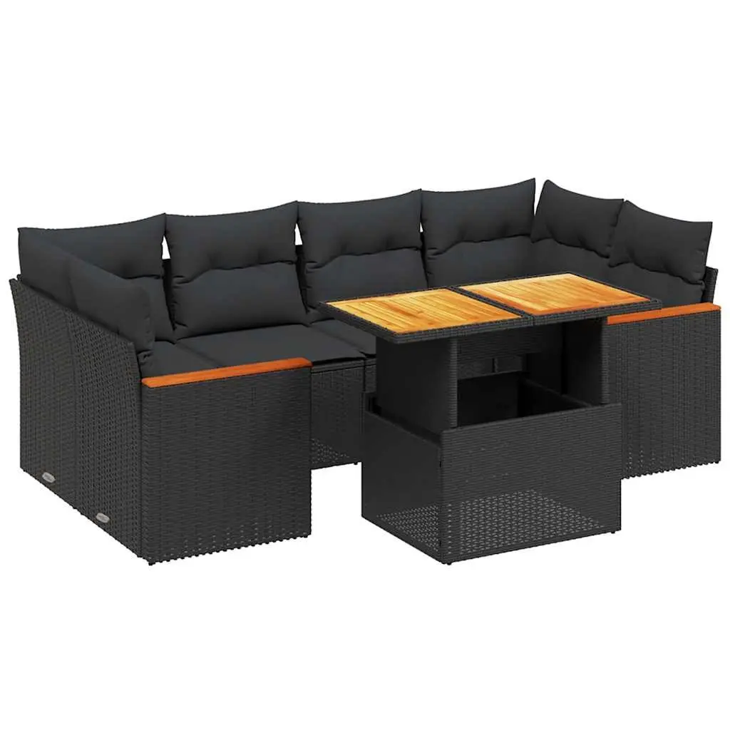 Garden Sofa Set 7 Piece Outdoor Furniture Black Poly Rattan Cushions Adjustable Table