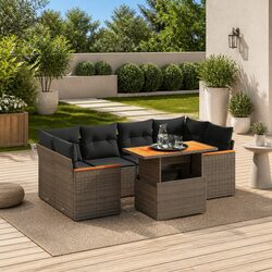 7 Piece Garden Sofa Set with Adjustable Dining Table Grey Poly Rattan Outdoor