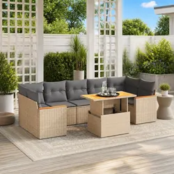 8 Piece Garden Sofa Set with Cushions Beige Outdoor Furniture Patio Rattan
