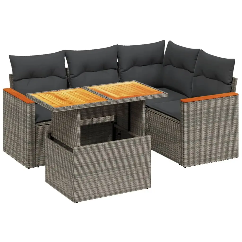 5 Piece Garden Sofa Set Adjustable Table Outdoor Furniture Grey Poly Rattan