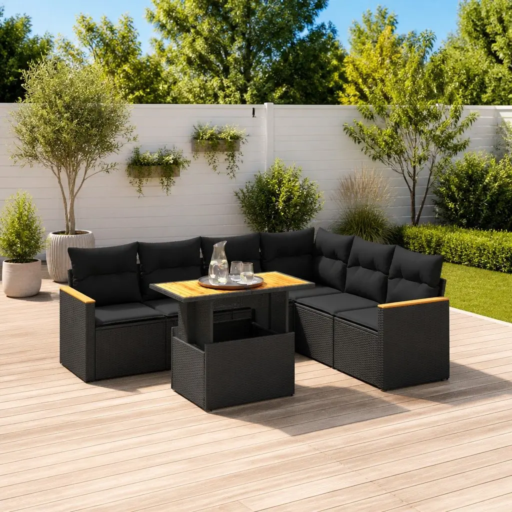 7 Piece Outdoor Garden Sofa Set Black Poly Rattan Patio Furniture with Cushions