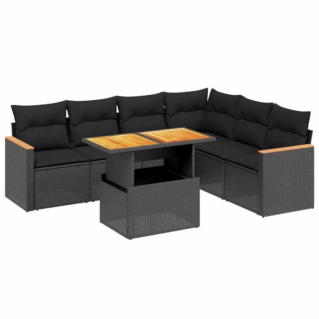 7 Piece Outdoor Garden Sofa Set Black Poly Rattan Patio Furniture with Cushions