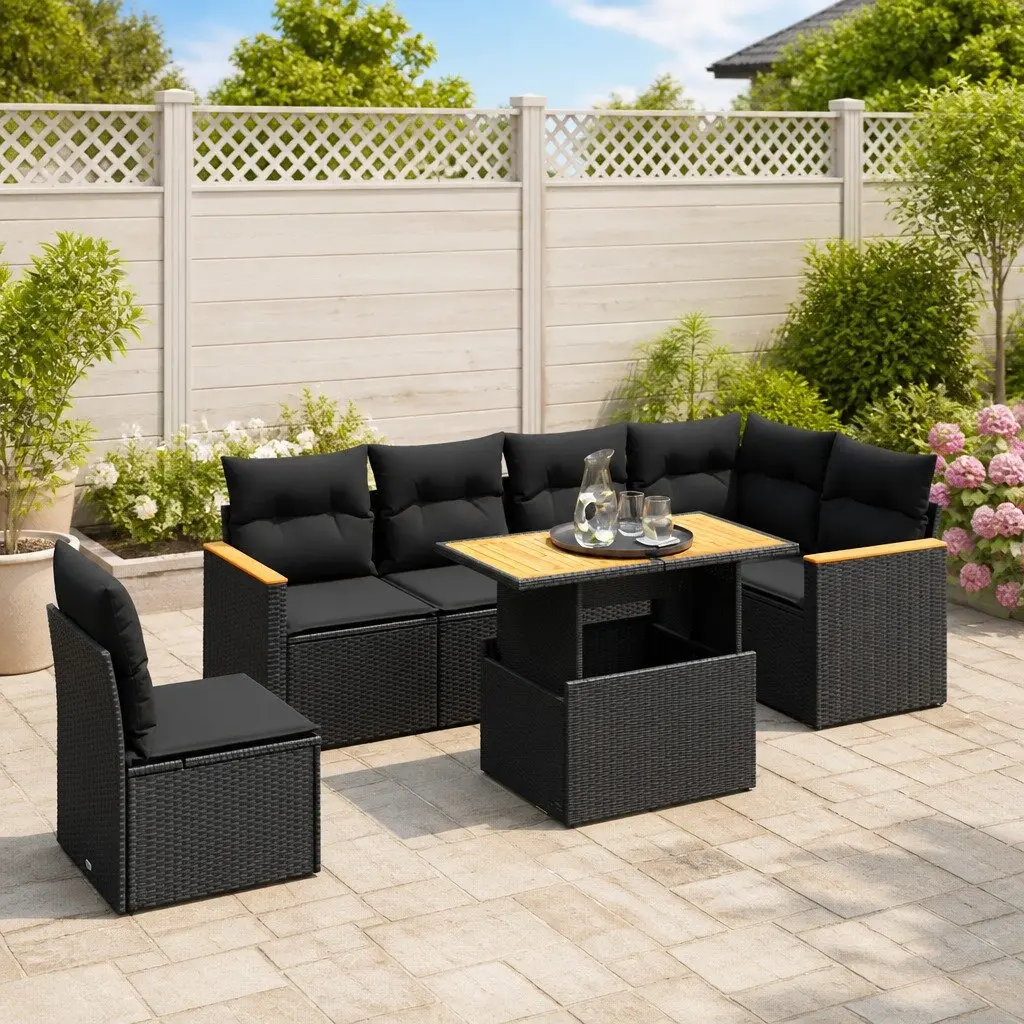 7 Piece Garden Sofa Set Black Poly Rattan Adjustable Table Thick Cushions Weather Resistant