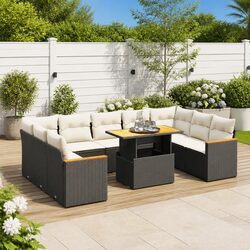 10 Piece Garden Sofa Set Outdoor Patio Furniture Black Poly Rattan with Cushions