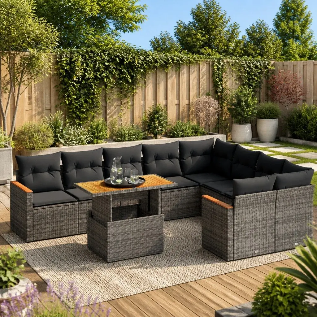 Garden Sofa Set 10 Piece Grey Poly Rattan Outdoor Furniture with Cushions