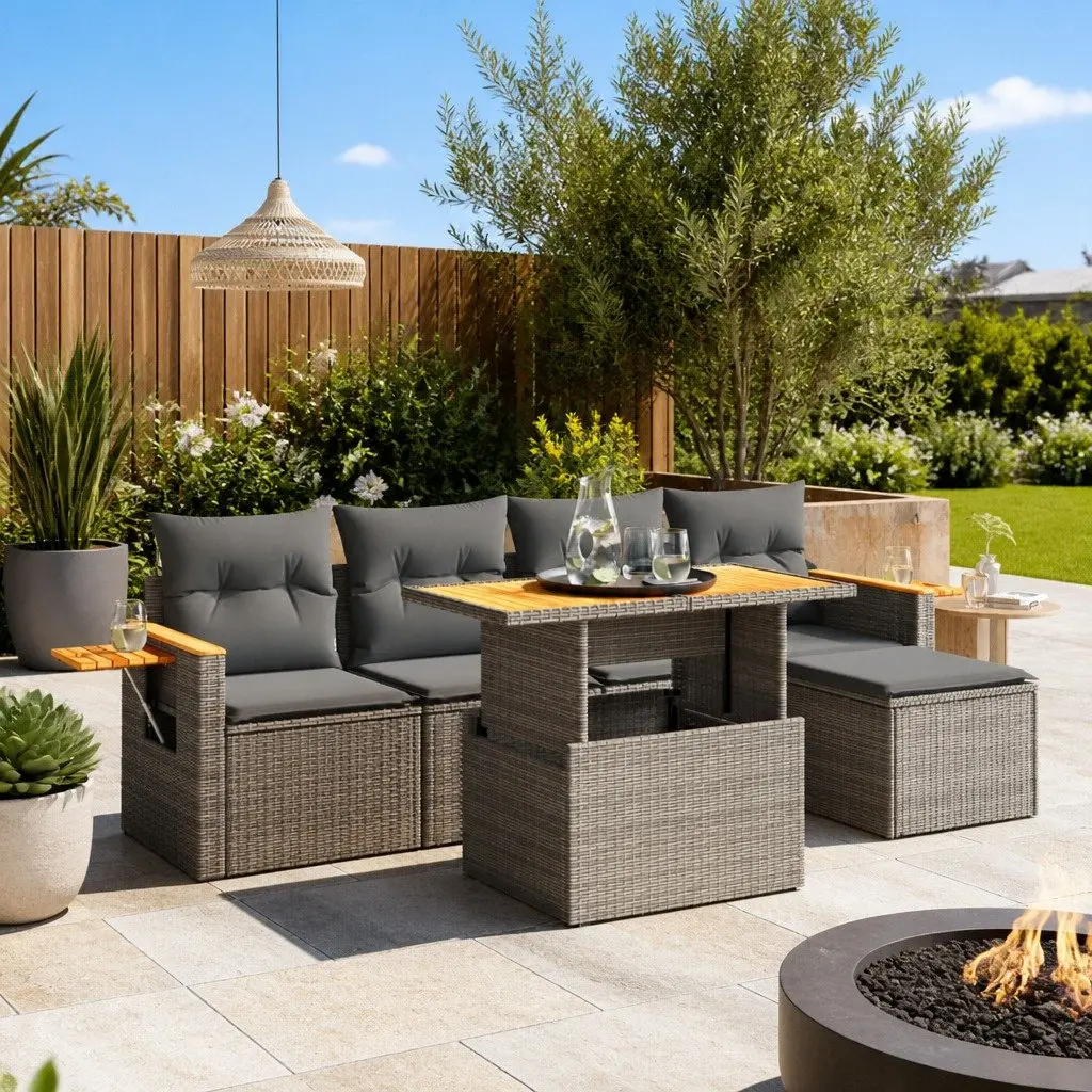 Garden Sofa Set 6 Piece Outdoor Furniture Grey Poly Rattan Patio Lounge with