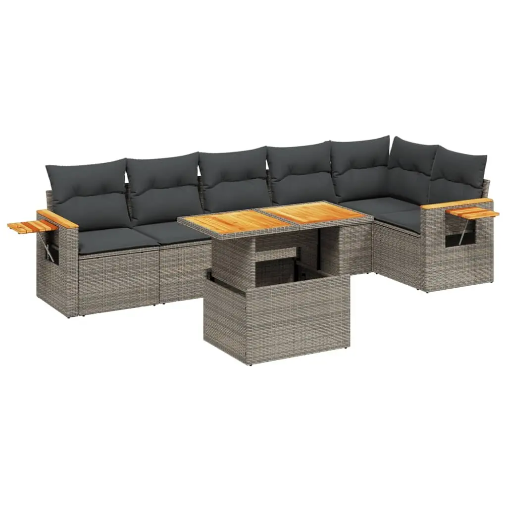 7 Piece Grey Garden Sofa Set with Cushions Outdoor Patio Furniture Poly Rattan