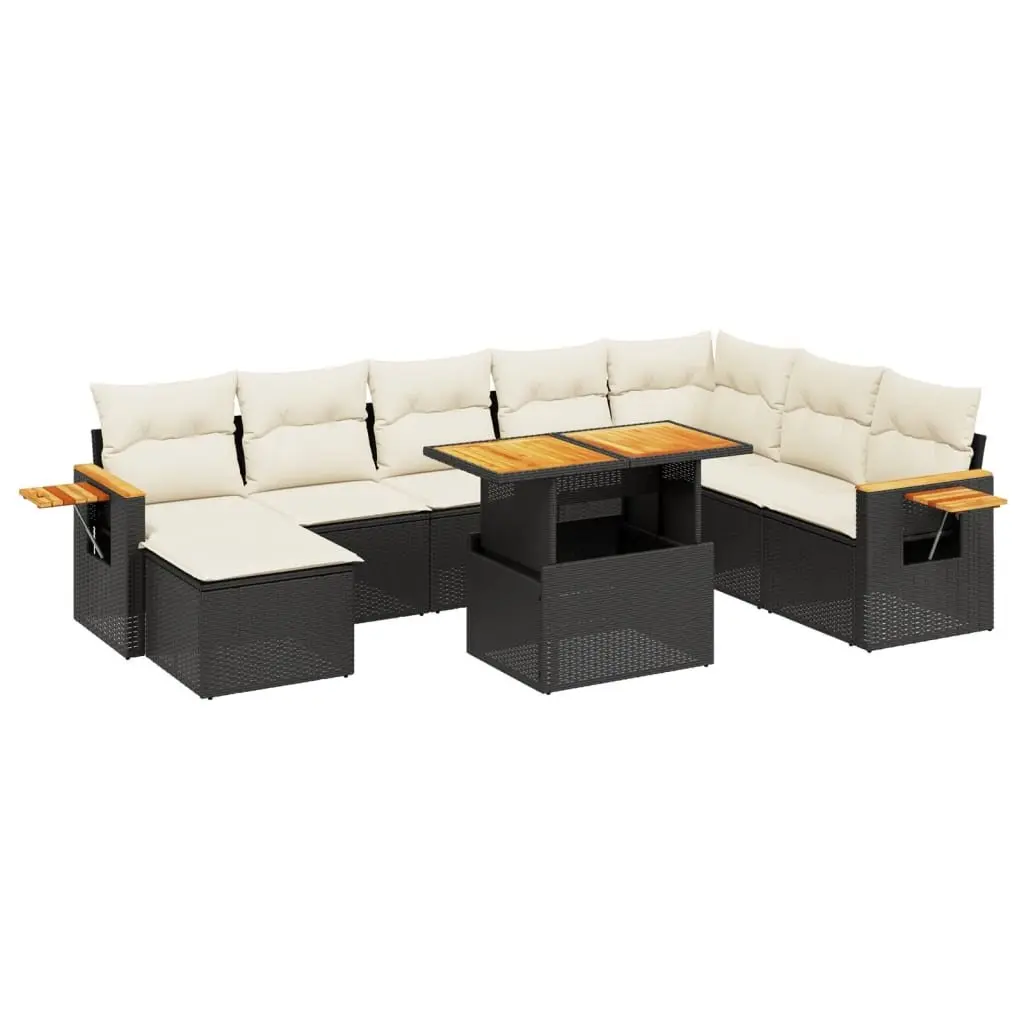 Garden Sofa Set 9 Piece Modular Black PE Rattan Outdoor Furniture with Adjustable Tabletop and Foldable Side Table