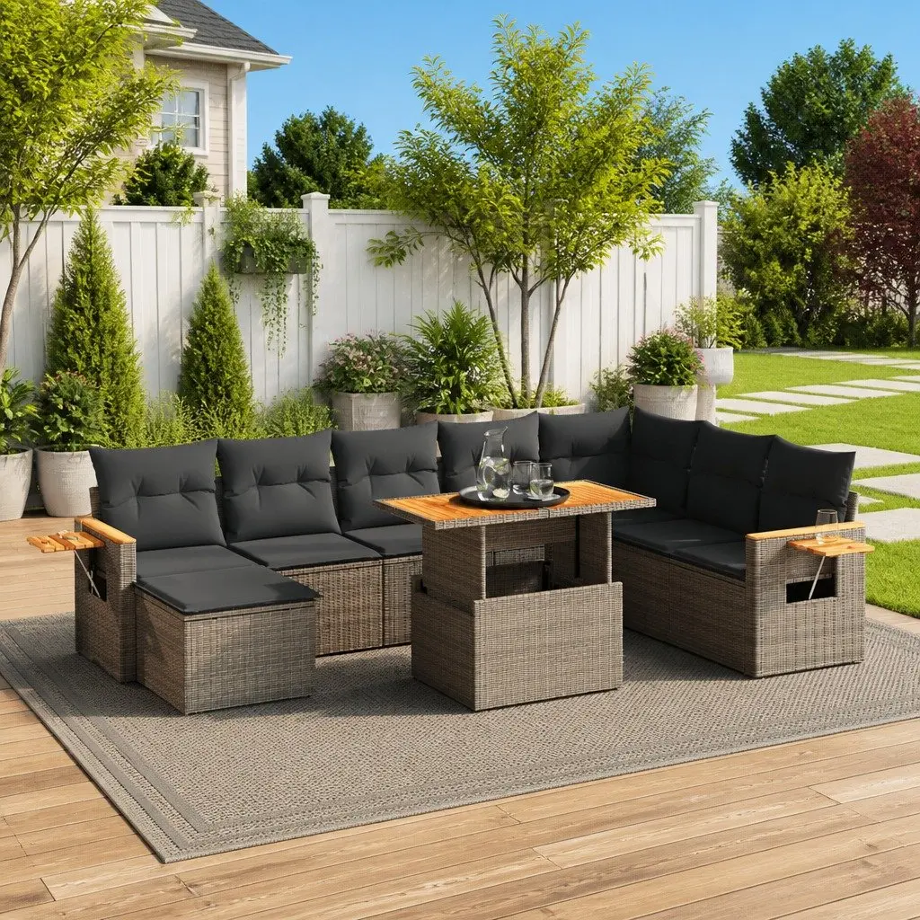 9 Piece Garden Sofa Set Outdoor Furniture Grey Poly Rattan Adjustable Table