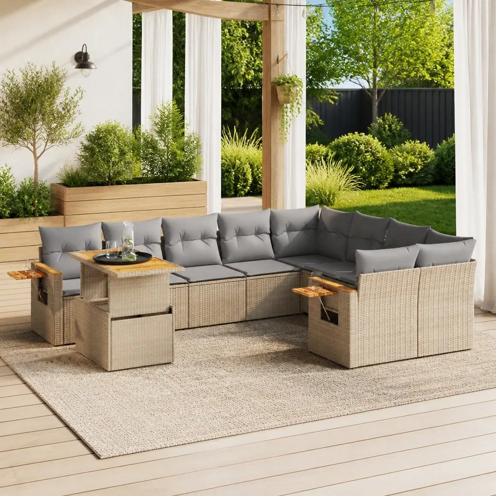 Garden Sofa Set 10 Piece Modular Outdoor Furniture Beige PE Rattan Adjustable Table
