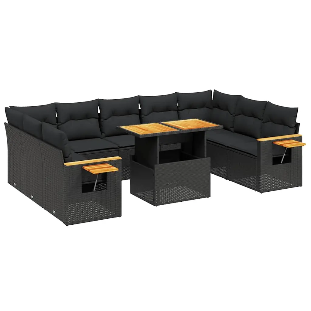 Garden Sofa Set 11 Piece Outdoor Furniture Modular Black PE Rattan with Adjustable Table and Foldable Side Table