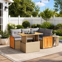 5 Piece Garden Sofa Set Outdoor Patio Furniture with Cushions Beige Poly Rattan