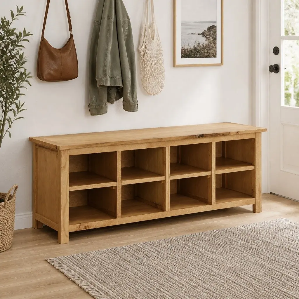 Shoe Rack Bench 8 Compartments Solid Wood Brown Storage Cabinet