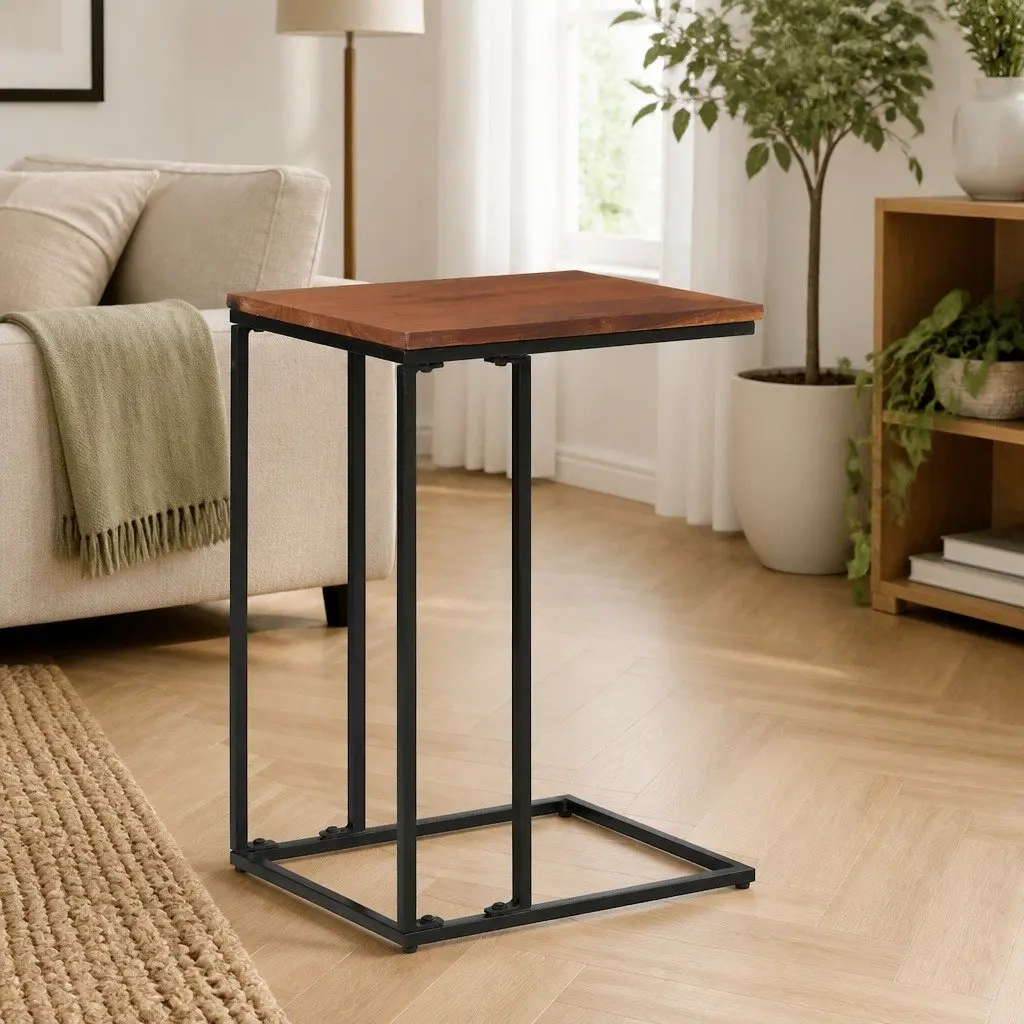 Side Table 35x45x65cm Solid Acacia Wood Brown Powder-Coated Iron Frame