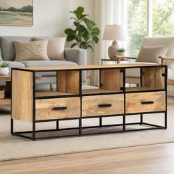 Stylish Industrial TV Cabinet in Brown Rough Mango Wood