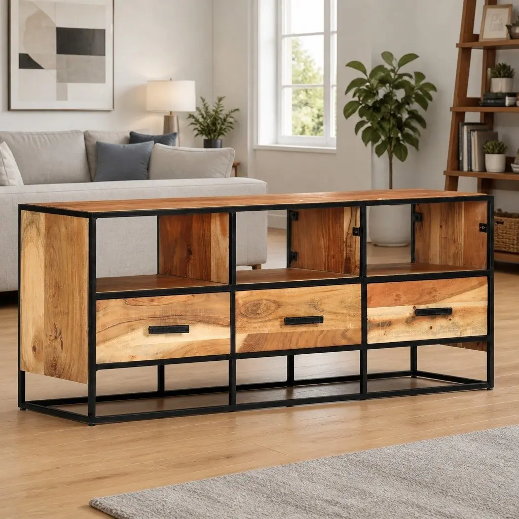TV Cabinet 110x30x45cm Solid Acacia Wood 3 Drawers 3 Shelves Brown