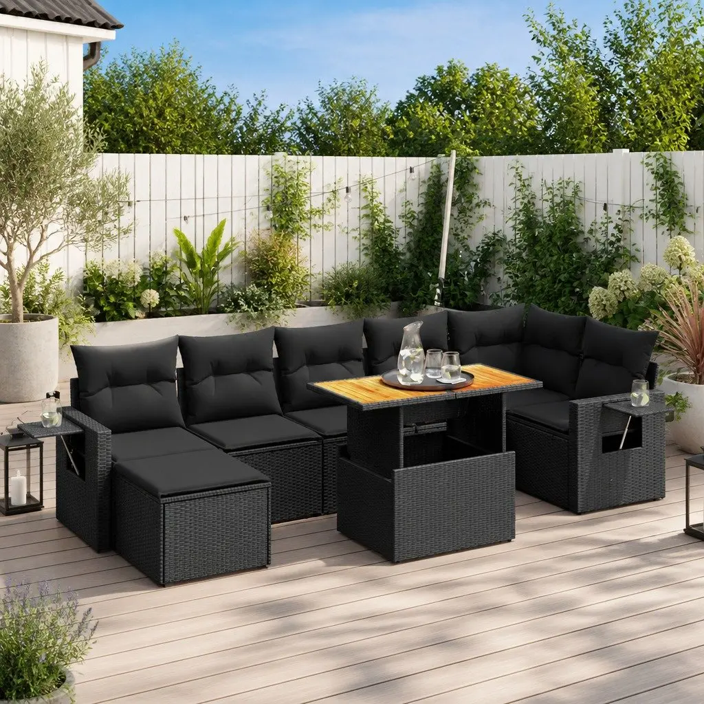 Garden Sofa Set 8 Piece Modular Outdoor Furniture with Cushions Adjustable Tabletop Black