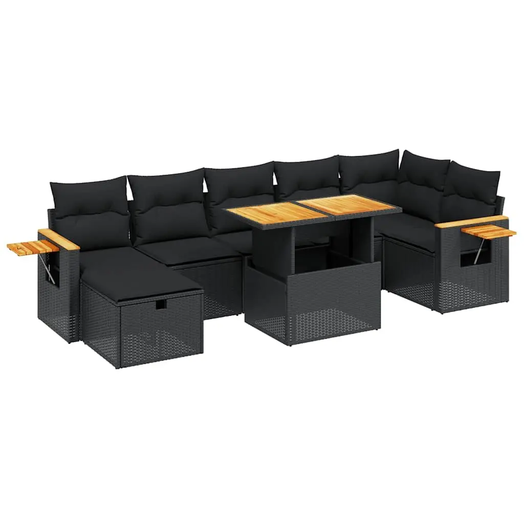 8 Piece Black Poly Rattan Garden Sofa Set Outdoor Furniture with Adjustable Table and Removable Cushion Covers