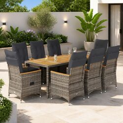 Garden Dining Set 9 Piece Outdoor Furniture Grey Poly Rattan with Cushions Patio