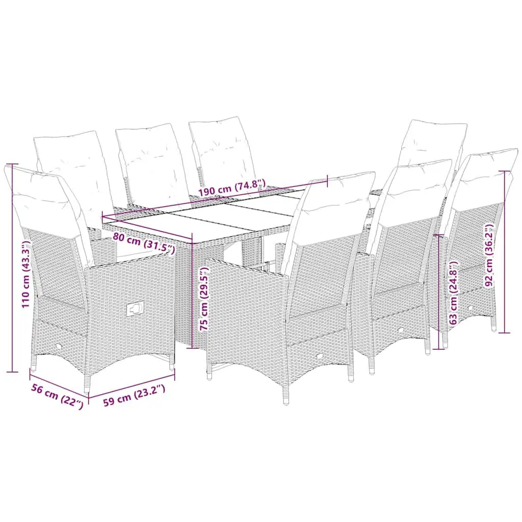 Garden Dining Set 9 Piece Outdoor Furniture Poly Rattan Adjustable Backrest Padded Cushions Acacia Wood Table
